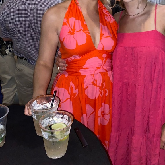 STAUD Moana Floral Cotton Halter Midi Dress in Red Hibiscus - Picture 3 of 5